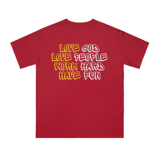 Organic Cotton Graphic T-Shirt - "Love God, Love People, Work Hard, Have Fun"