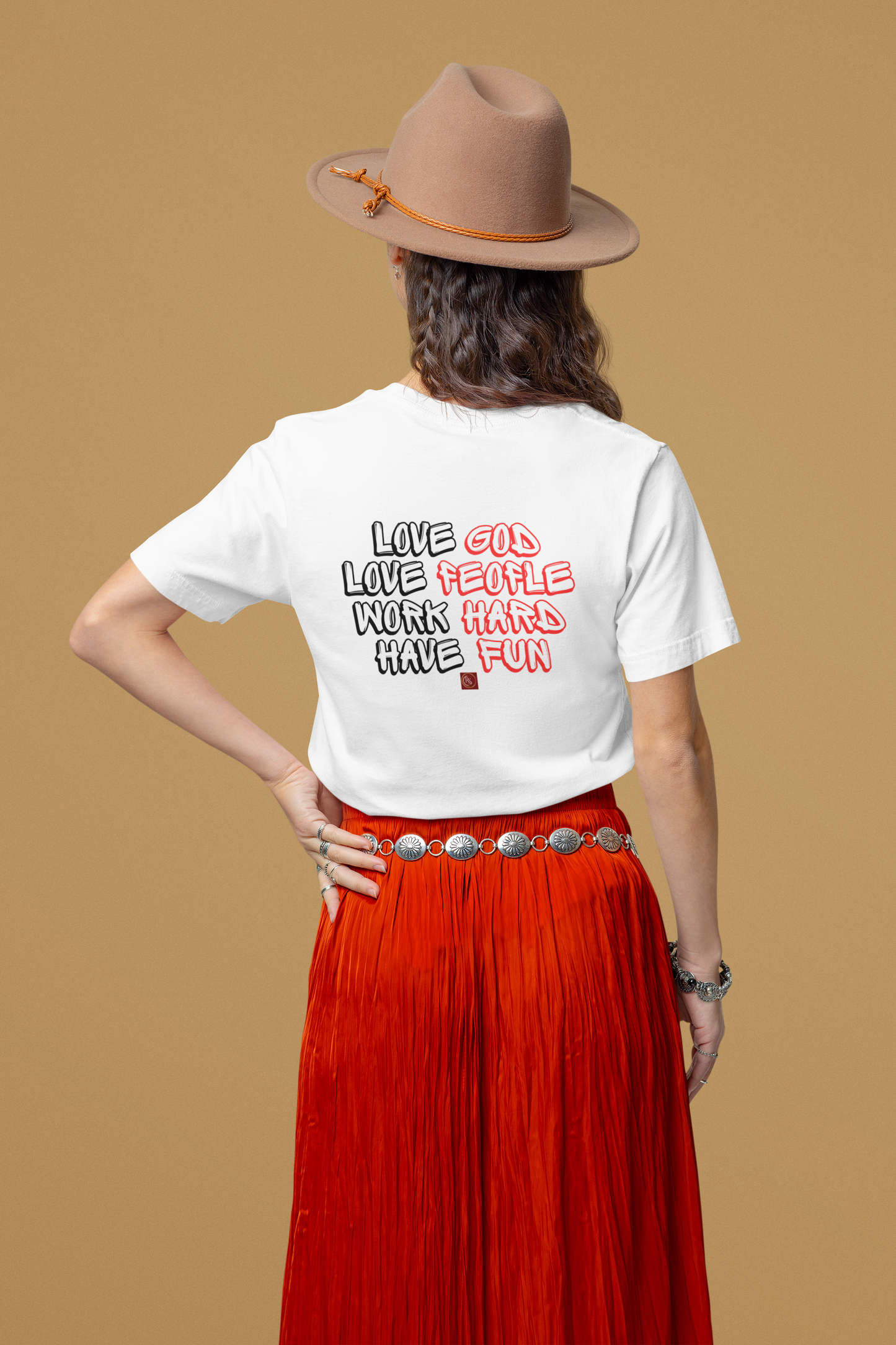 Organic Cotton Graphic T-Shirt - "Love God, Love People, Work Hard, Have Fun"