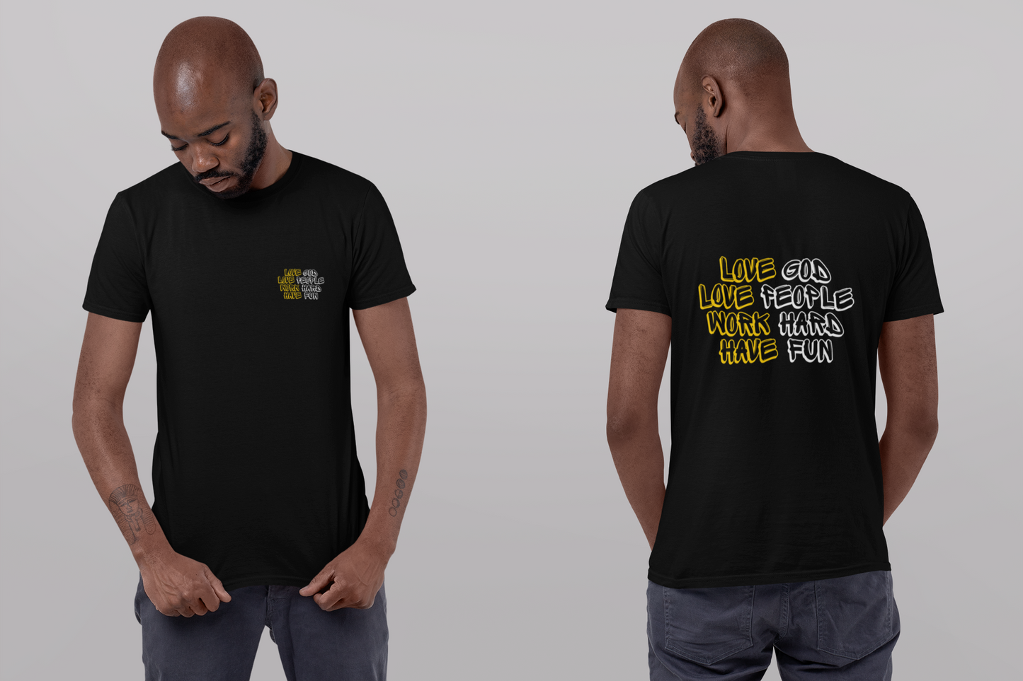 Bella+Canvas 3001 Unisex Jersey T-Shirt - "Love God, Love People, Work Hard, Have Fun"